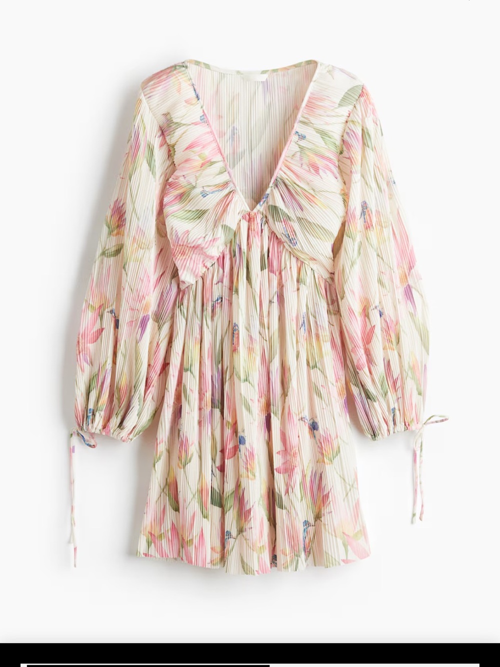 Floral Pleated V-Neck Long Sleeve Dress - Pink Multi